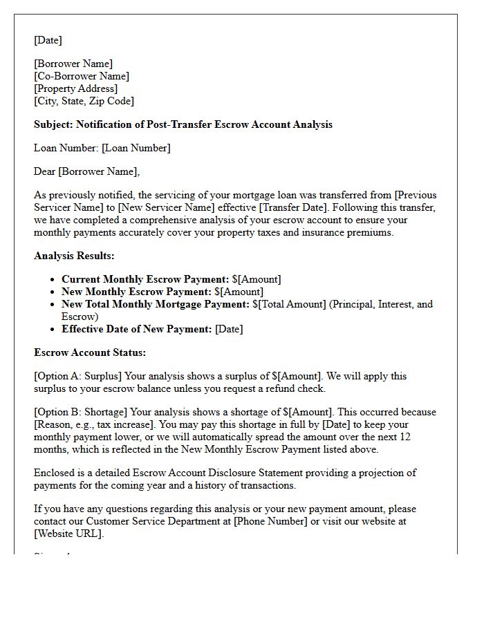 Post-Transfer Escrow Analysis Notification Letter