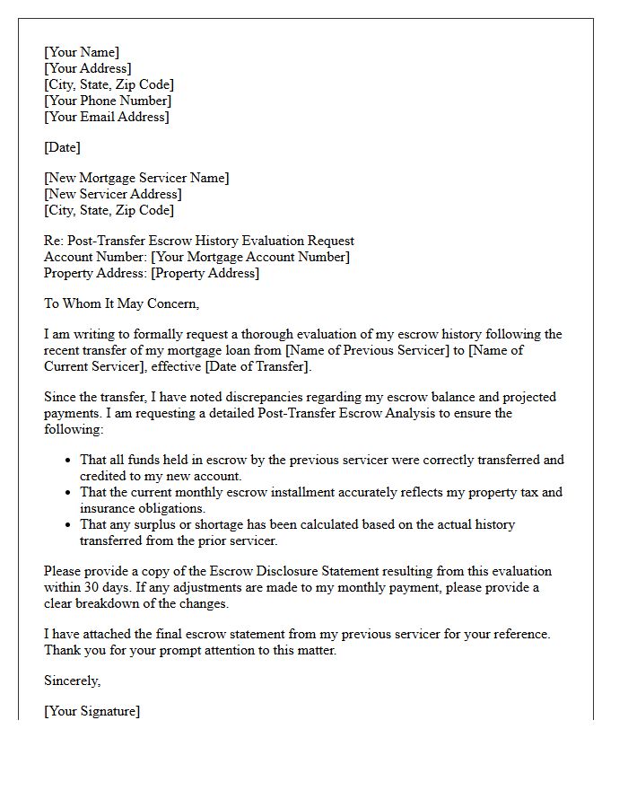Post-Transfer Escrow History Evaluation Letter