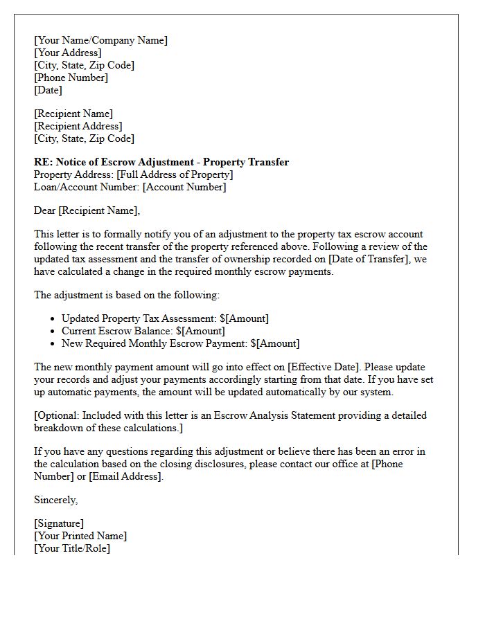 Post-Transfer Property Tax Escrow Adjustment Letter