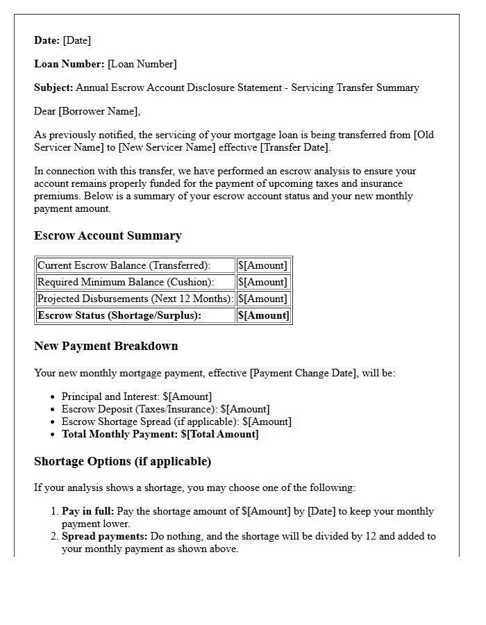 Servicing Transfer Escrow Analysis Summary Letter