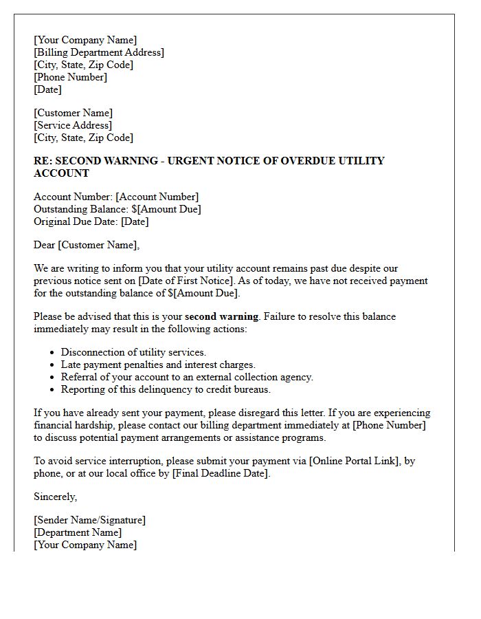 Debt Collection Second Warning Letter for Utility Services