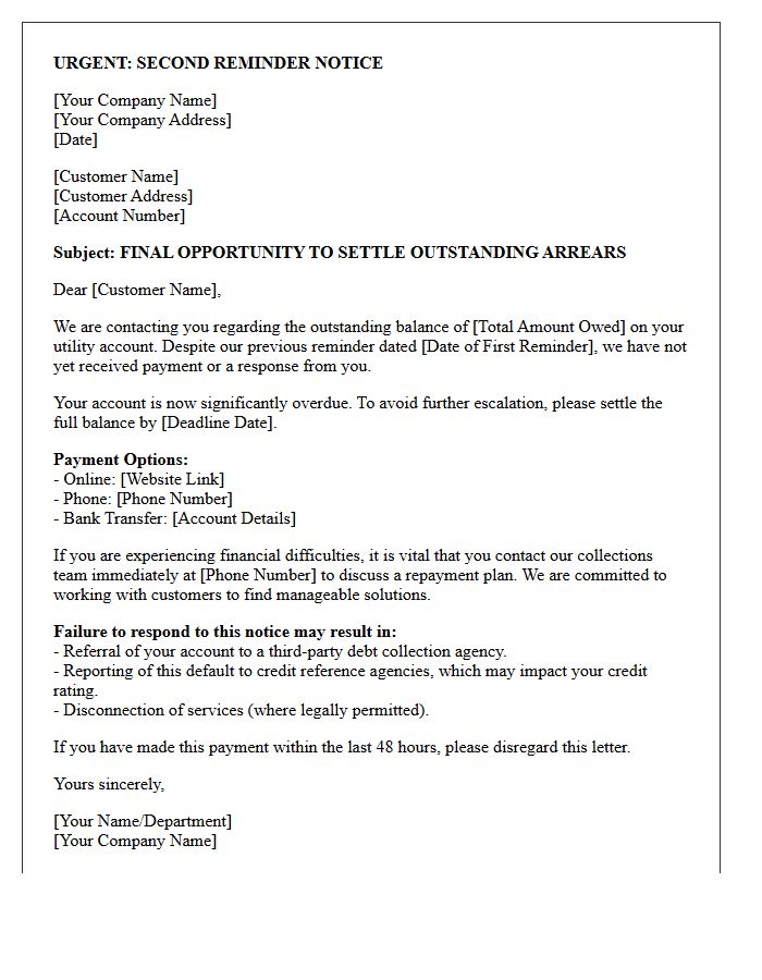 Escalated Second Reminder Letter for Utility Arrears