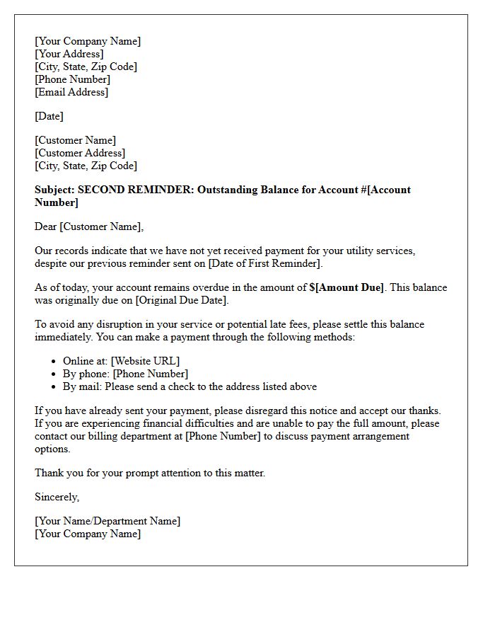 Outstanding Utility Balance Second Reminder Letter