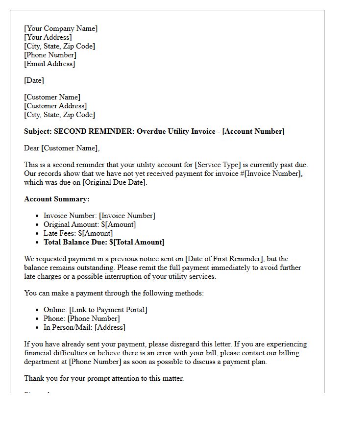 Overdue Utility Invoice Second Reminder Letter
