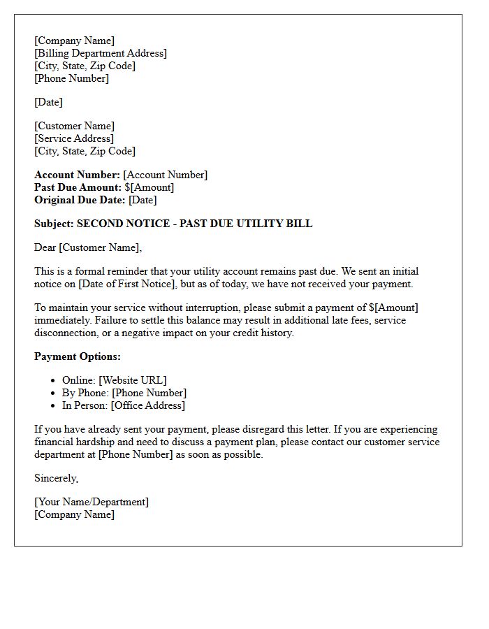 Past Due Utility Bill Second Notification Letter