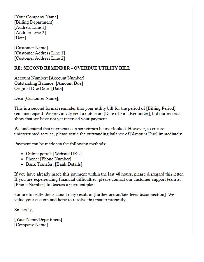 Second Reminder Letter for Unpaid Utility Bills