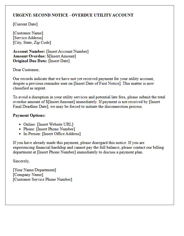 Urgent Second Notice Letter for Overdue Utility Account
