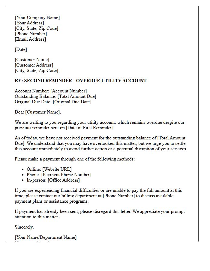 Utility Account Arrears Second Reminder Letter