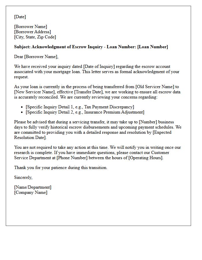 Acknowledgment Letter for Borrower Escrow Inquiry During Servicing Transfer