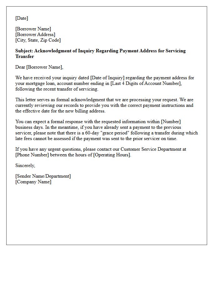 Acknowledgment Letter for Borrower Inquiry on Servicing Transfer Payment Address