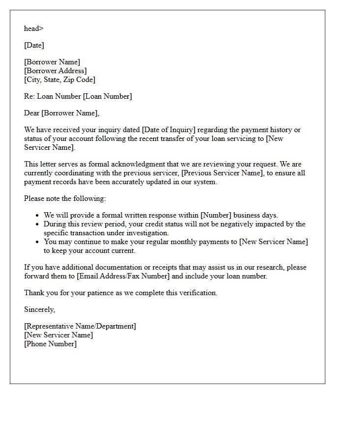 Acknowledgment Letter of Borrower Payment Inquiry Post Servicing Transfer