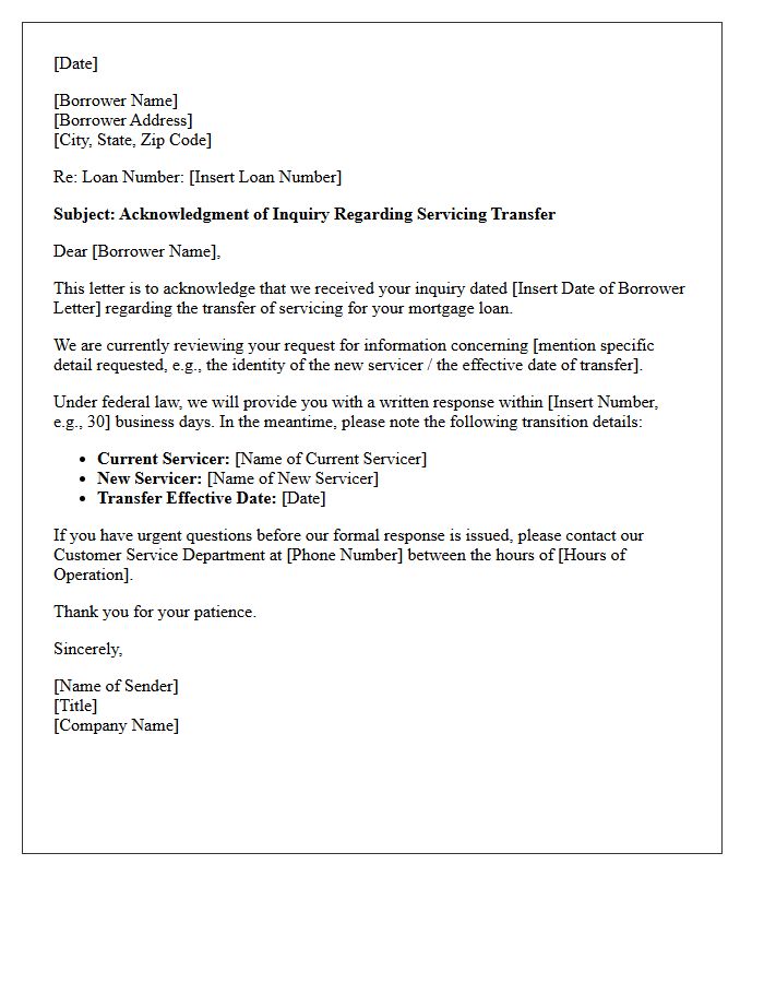 Notice and Acknowledgment Letter for Borrower Inquiry on Servicing Transfer Details