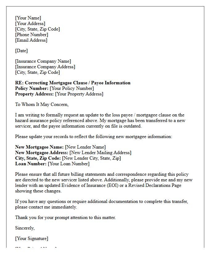 Hazard Insurance Payee Transfer Correction Letter