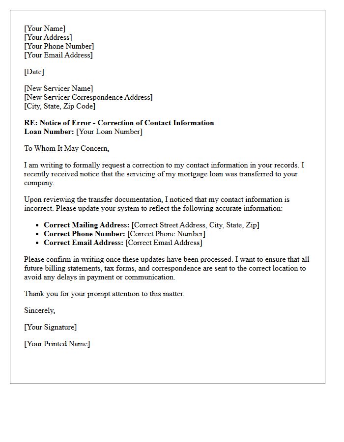 New Servicer Contact Information Correction Letter