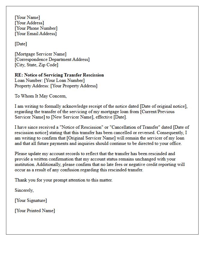Notice of Servicing Transfer Rescission Letter