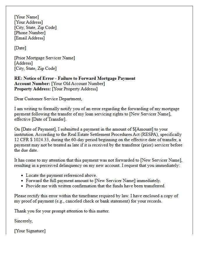 Prior Servicer Payment Forwarding Correction Letter