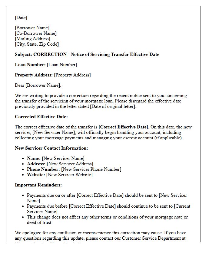 Servicing Transfer Effective Date Correction Letter