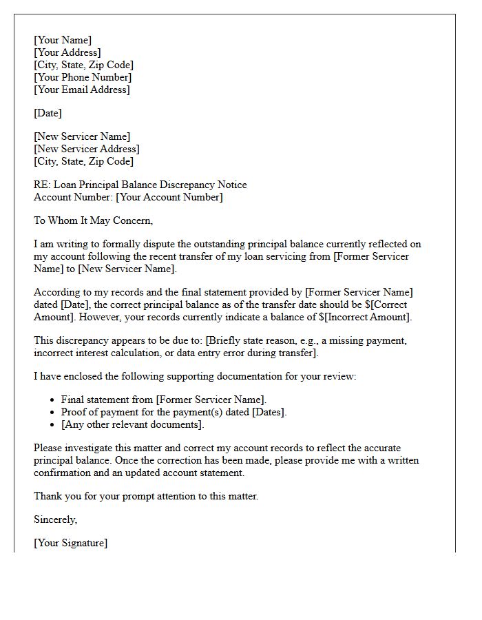 Servicing Transfer Loan Principal Balance Correction Letter