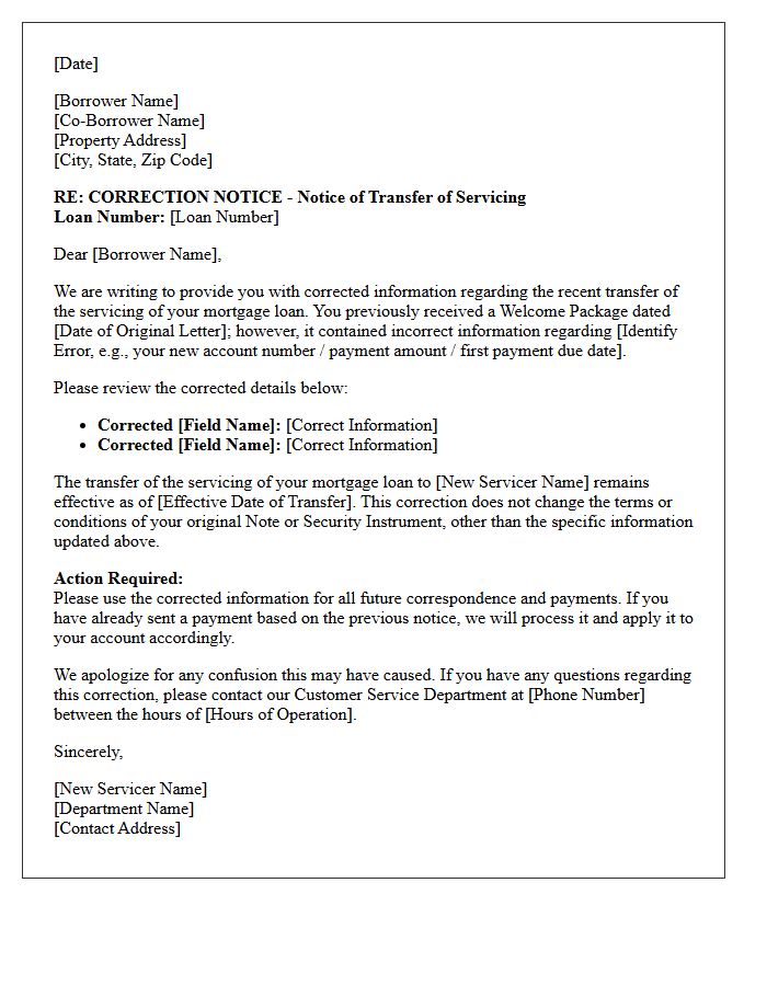 Transfer of Servicing Welcome Package Correction Letter