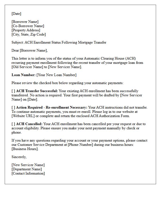 ACH Enrollment Status Following Mortgage Transfer Letter