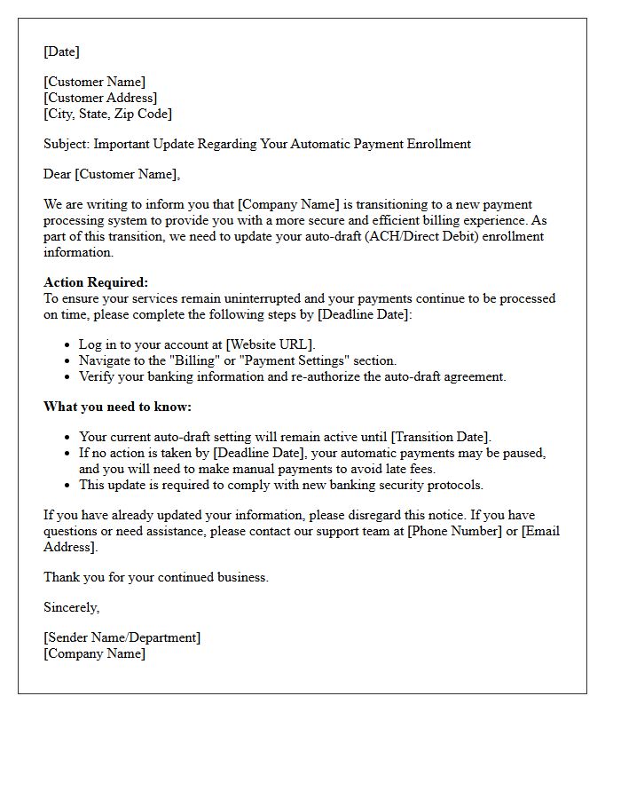 Auto-Draft Transition and Enrollment Update Letter