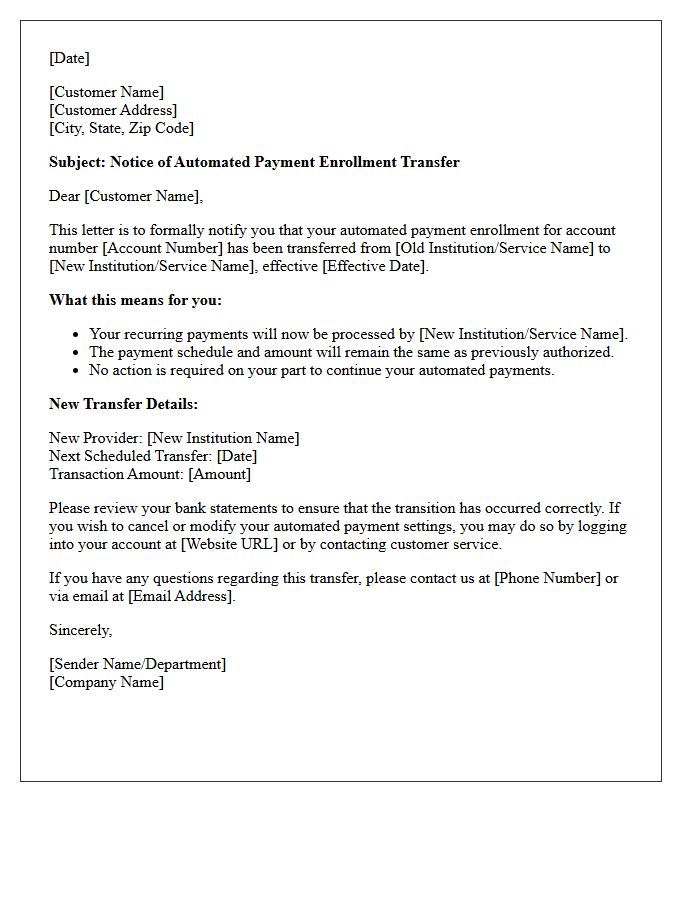 Automated Payment Enrollment Transfer Notice Letter