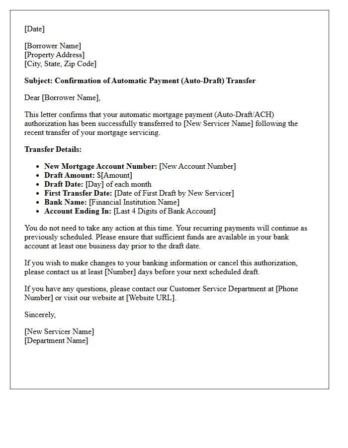Mortgage Servicing Transfer Auto-Draft Confirmation Letter