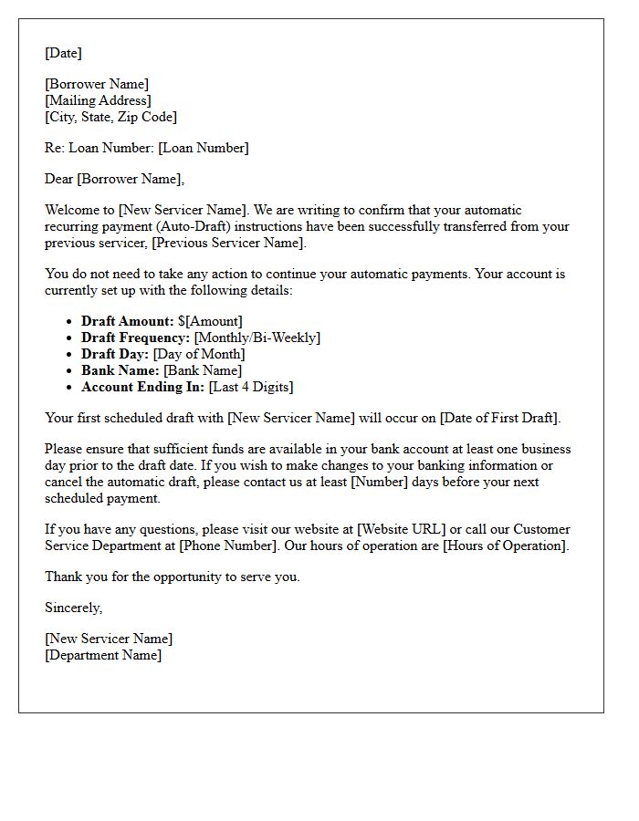 New Servicer Auto-Draft Continuation Confirmation Letter