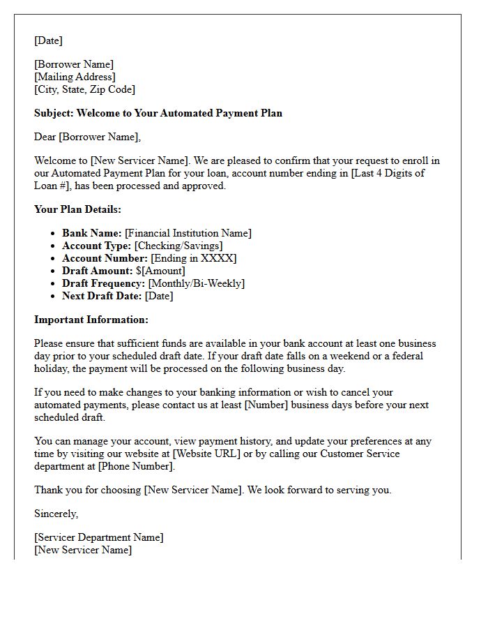 New Servicer Automated Payment Plan Welcome Letter