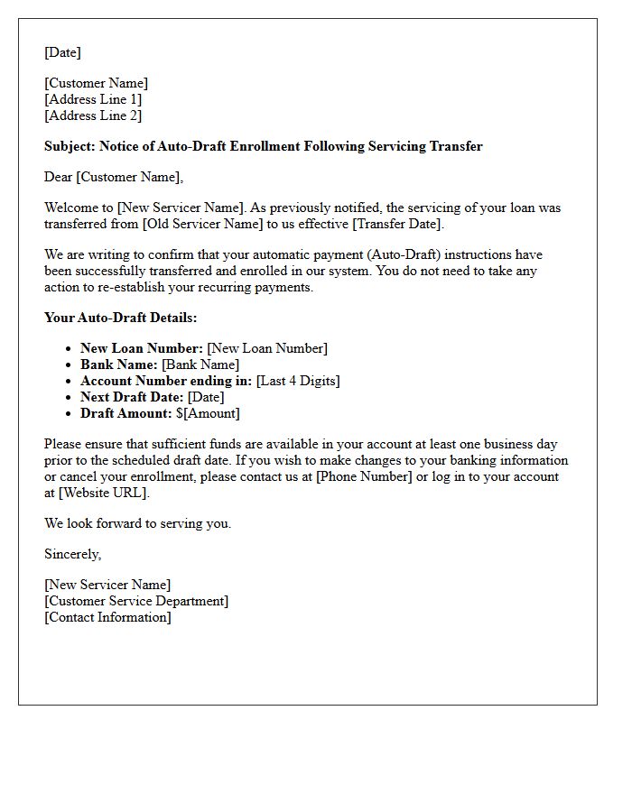 Notice of Auto-Draft Enrollment Following Servicing Transfer Letter