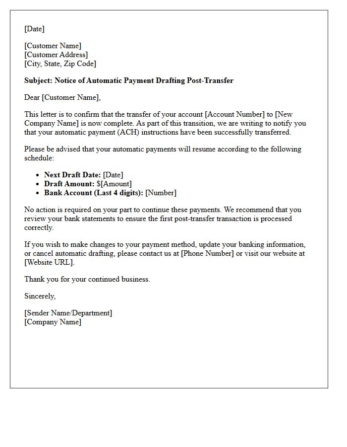 Notice of Automatic Payment Drafting Post-Transfer Letter