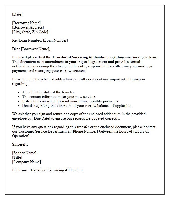 Enclosed Transfer Of Servicing Addendum