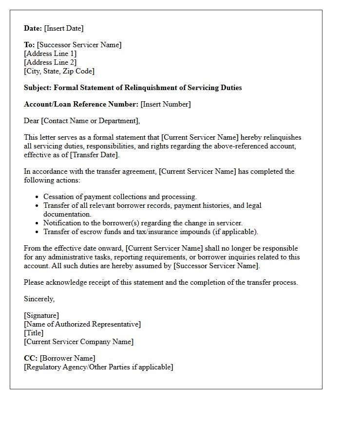 Statement Of Current Servicer Duties Relinquishment