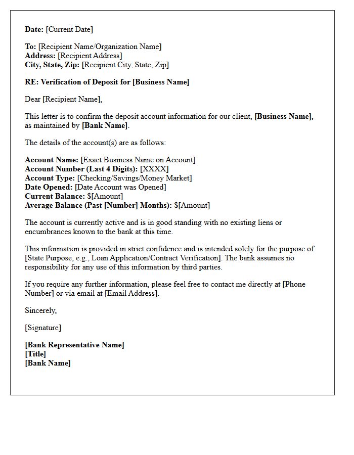 Business Account Verification Of Deposit Letter