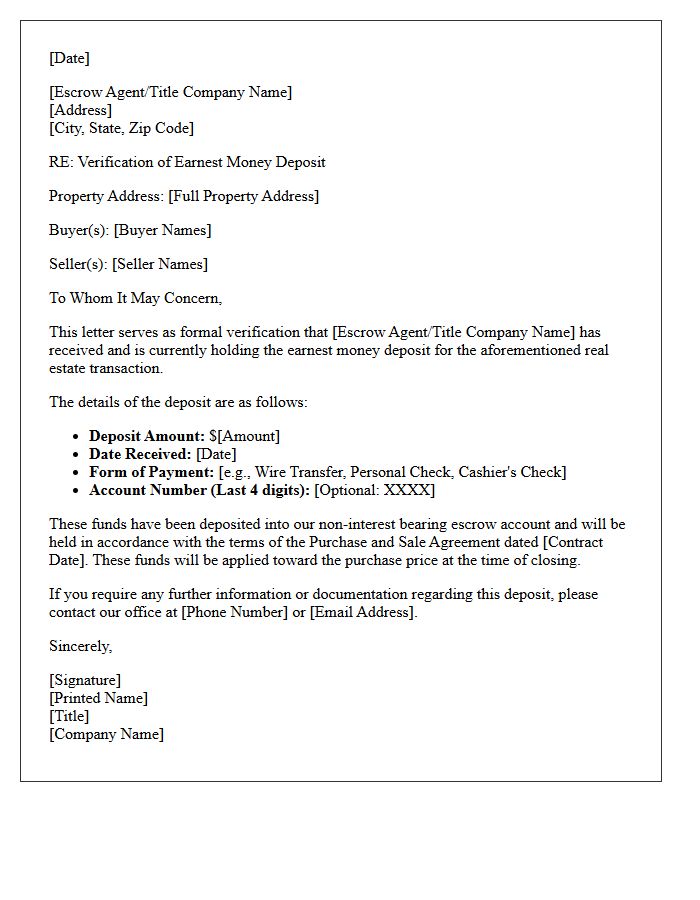 Earnest Money Verification Of Deposit Letter