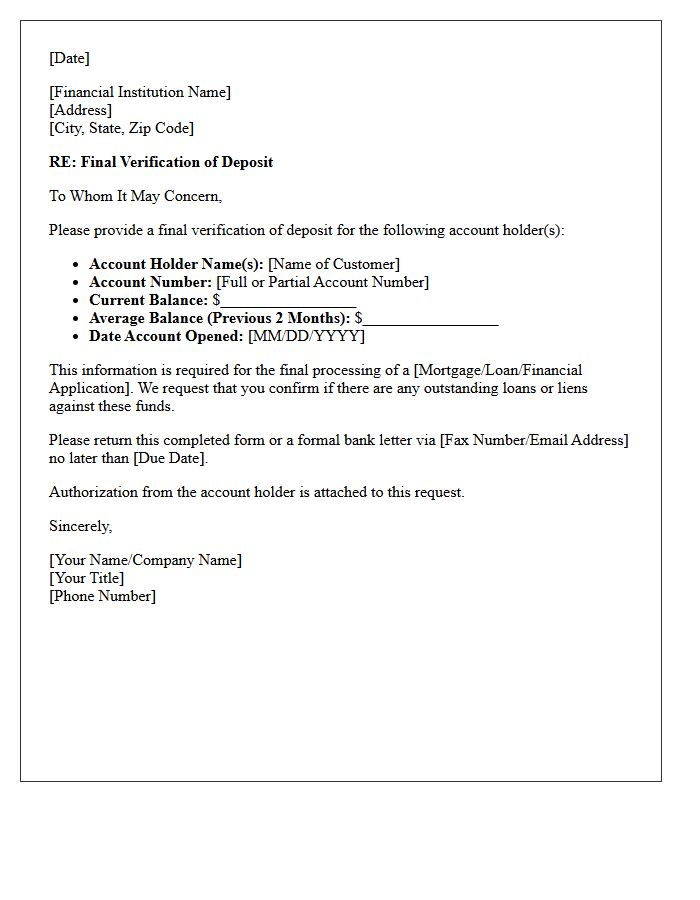 Final Verification Of Deposit Letter