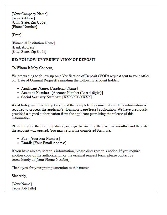 Follow Up Verification Of Deposit Letter