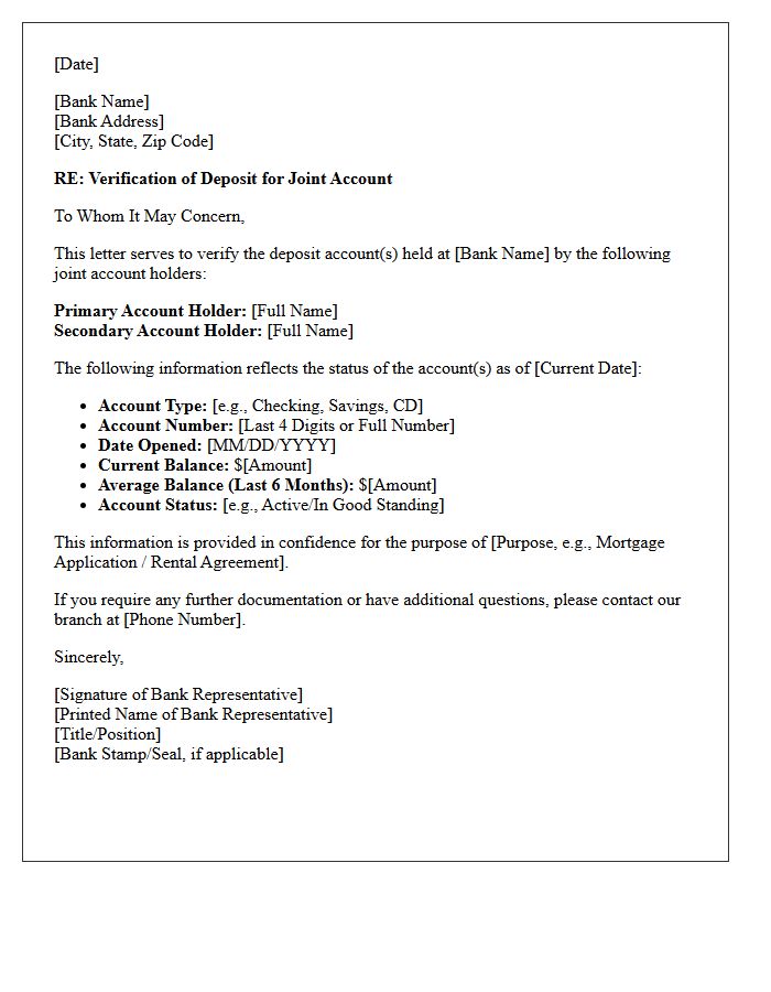 Joint Account Verification Of Deposit Letter