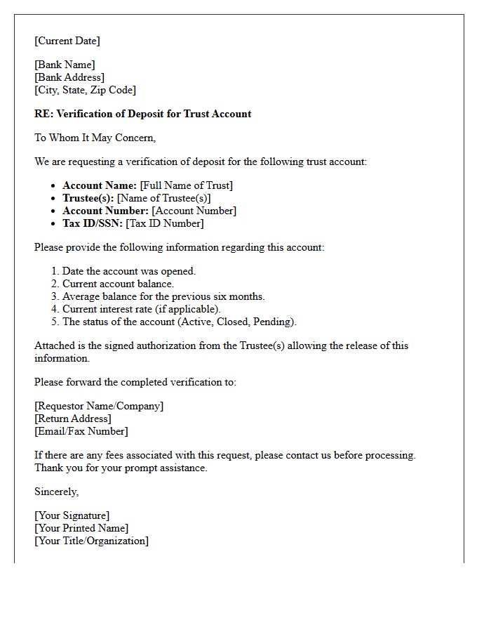 Trust Account Verification Of Deposit Letter