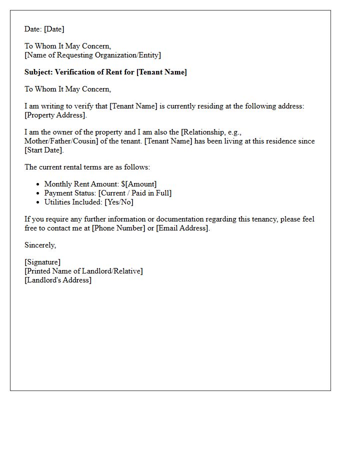 Relative Landlord Verification Of Rent Letter