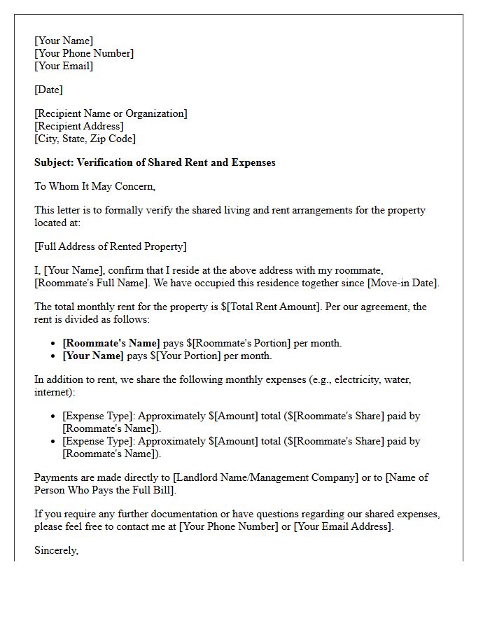 Roommate Shared Expense Verification Of Rent Letter