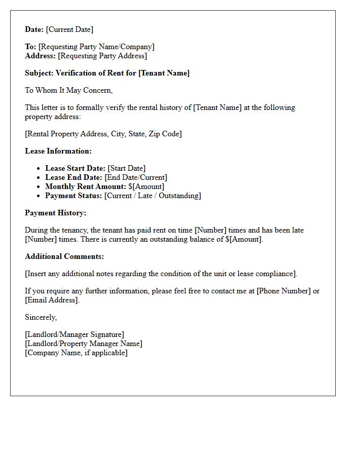 Standard Verification Of Rent Letter