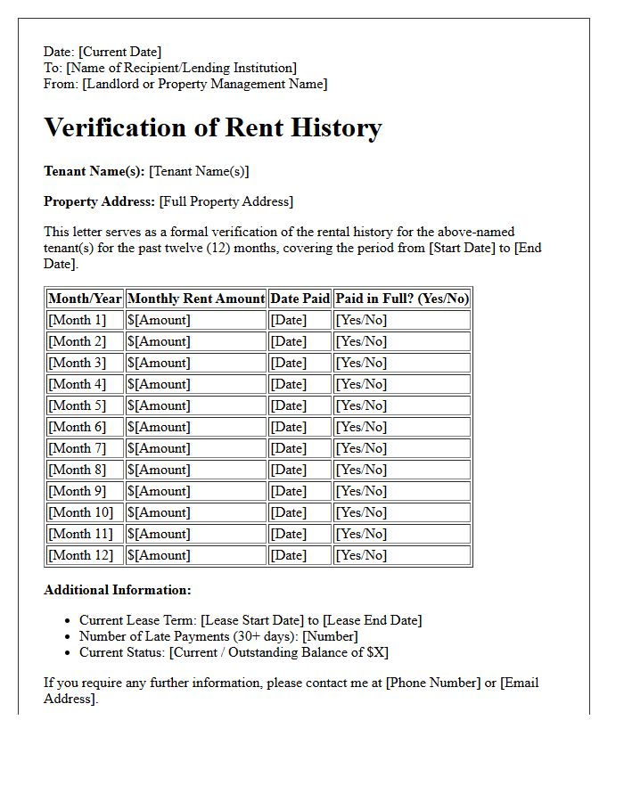 Twelve-Month History Verification Of Rent Letter