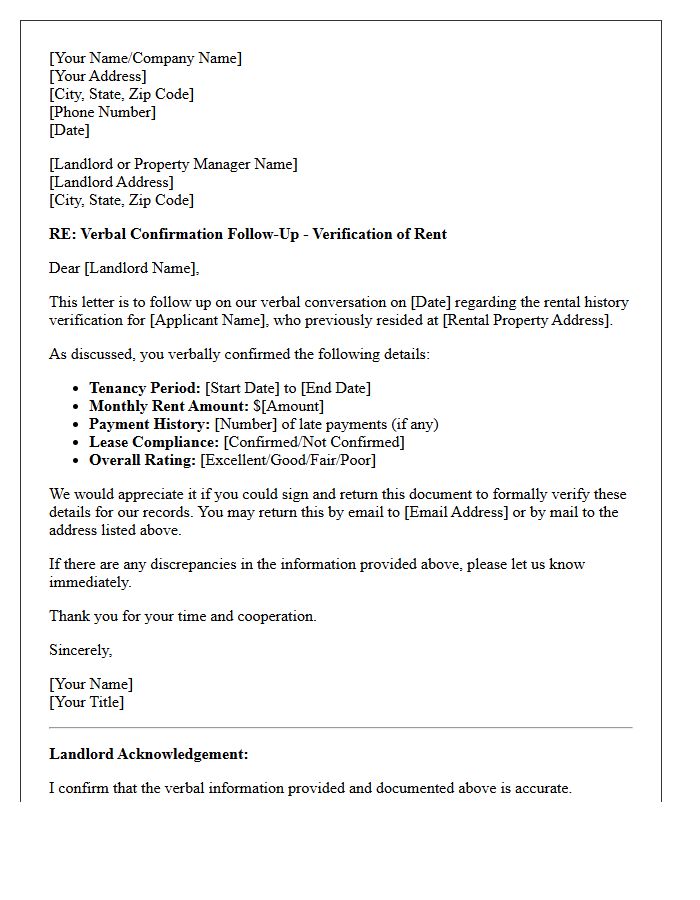 Verbal Confirmation Follow-Up Verification Of Rent Letter