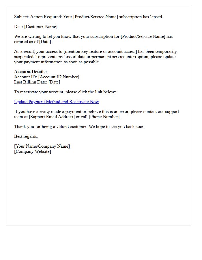 Action Required Letter for Lapsed Subscription Account