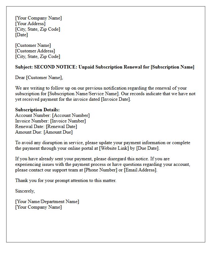 Notice of Unpaid Subscription Renewal Second Letter