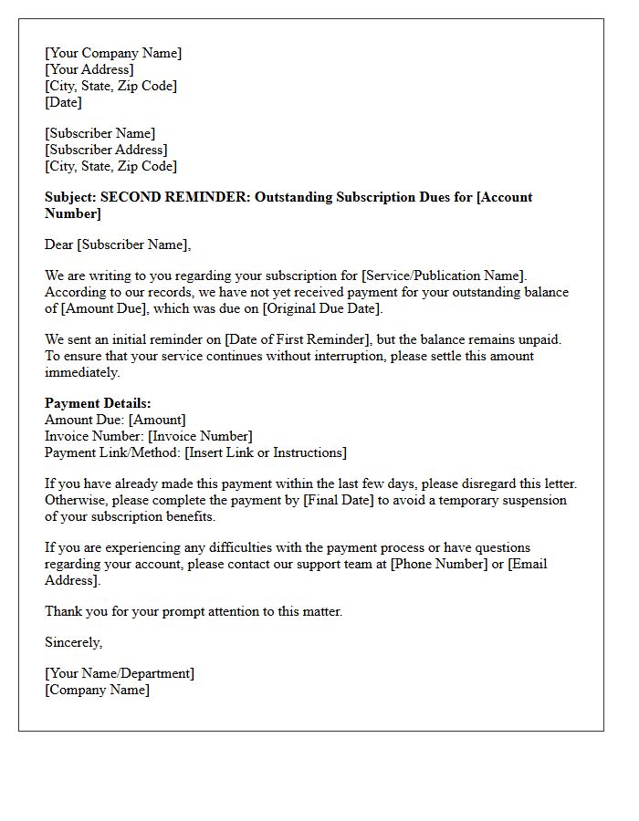 Outstanding Subscription Dues Second Reminder Letter