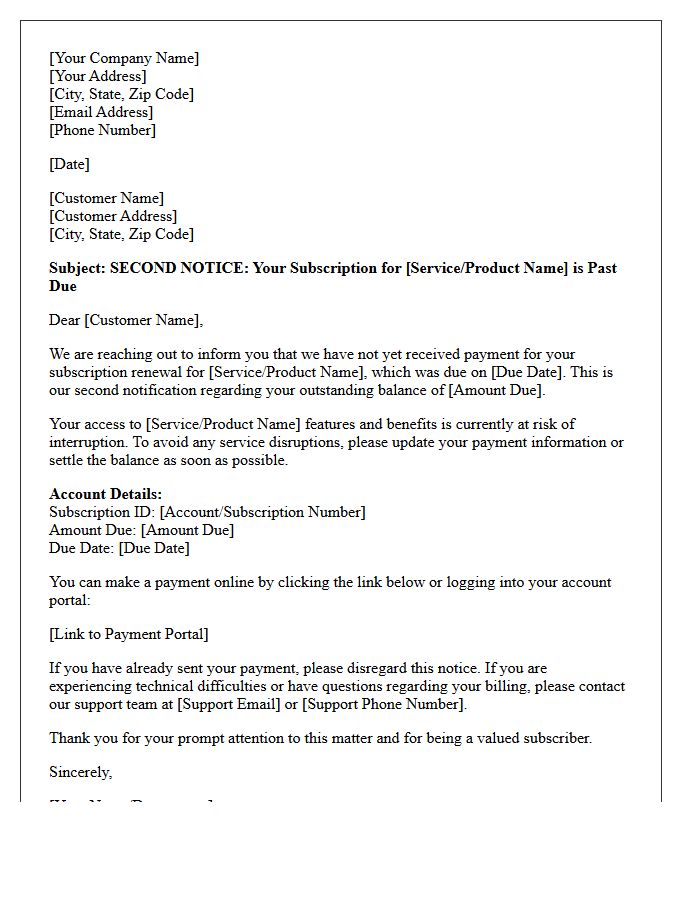 Past Due Subscription Renewal Second Notice Letter