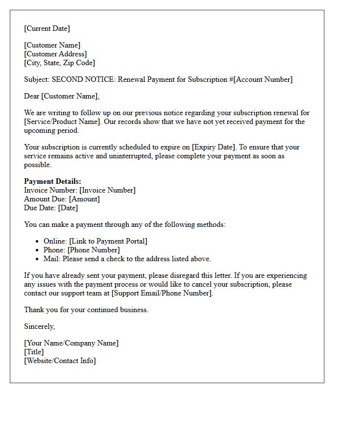 Second Payment Request Letter for Subscription Renewal