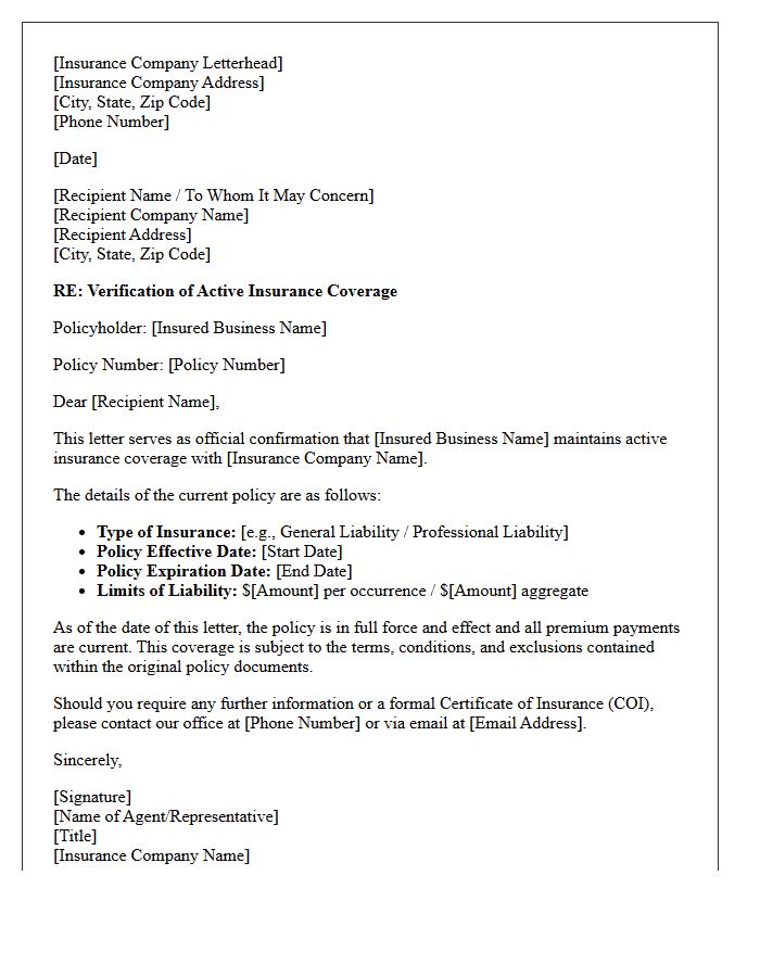Business Insurance Provider Active Coverage Letter